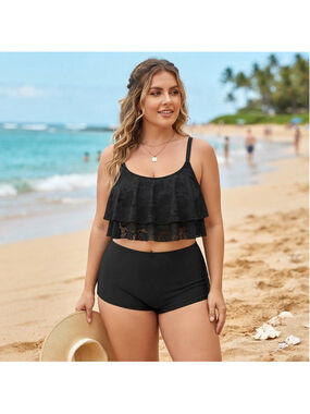 Torrid Bathing Suit (Top Only) Size 2 Double Layer Lace Flounce Black Sexy